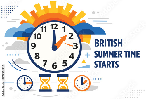 British summer time starts vector illustration. clock showing 2am moving to 3am. concept of daylight saving time in great britain. time change on last sunday of march every year.