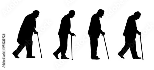 Set of elderly man silhouettes walking with a cane, vector illustration