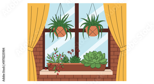 Indoor plant decoration by a window features potted succulents on a ledge and hanging plants with yellow curtains.