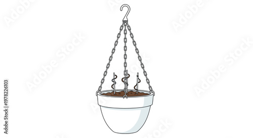 White hanging planter with iron chains holds rich brown soil and small seedlings prepared for garden cultivation in spring.