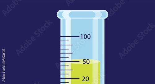 Close up view of laboratory graduated cylinder containing bright yellow chemical liquid measured for scientific experiment and research analysis.