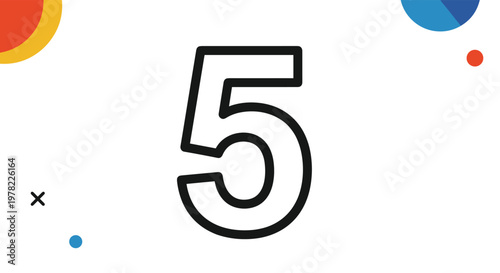 Large bold number five displayed in black outline style centered on a white background with colorful geometric shapes and accents.