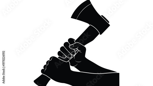A hand gripping an axe a striking black graphic silhouette
