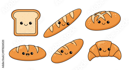 Selection of cute kawaii bakery products including sliced bread loaf baguette and croissant with friendly smiling cartoon faces.