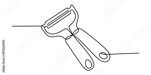 A single continuous line drawing of a kitchen vegetable peeler with two handles on white background Vector, illustration