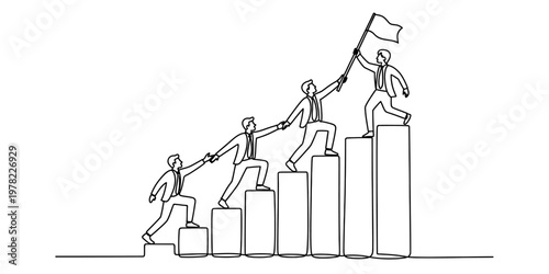 A team of business people climbing a bar chart together to reach the top and plant a white flag. Vector, illustration
