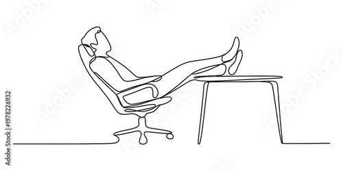A single continuous line drawing of a relaxed person sitting in a chair with feet on a table top Vector, illustration