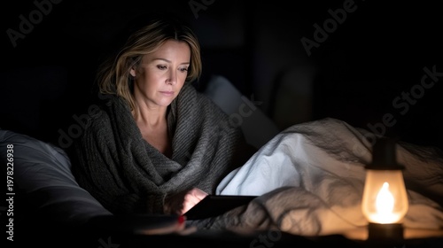 Woman in bed at night, wrapped in a dark blanket, using a tablet with a serious expression. Warm bedside lamp glows beside white pillows and a quilt in dim light