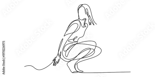 A minimalist single line drawing of a woman in a crouching position on a plain white background. Vector, illustration