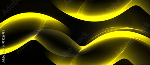 Abstract yellow waves flow across black background. Smooth curves create dynamic, modern visual effect. Brightness contrasts sharply.