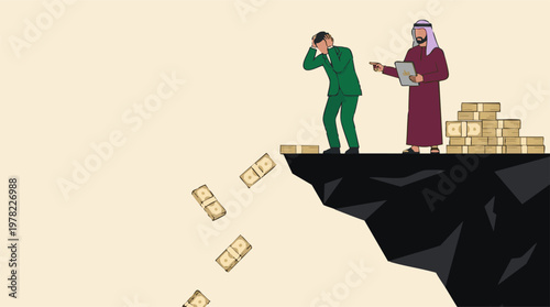 Businessman in distress as money falls off cliff, facing financial crisis