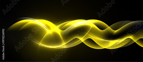 Golden waves flow across black background. Dynamic lines create abstract, luminous design. Smooth curves suggest energy, motion.