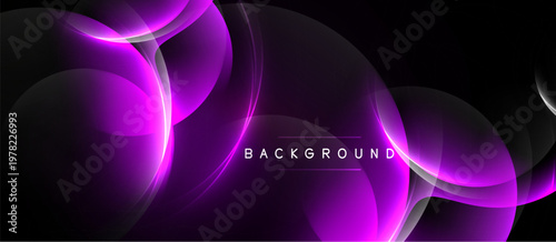 Abstract purple neon waves over black background. Dynamic flowing shapes create modern visual effect. Bright light contrasts dark space.