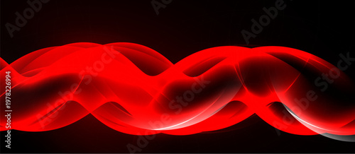 Abstract red waves flow across black background. Smooth shapes create dynamic visual effect. Brightness contrasts sharply.