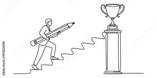 A single continuous line drawing of a determined businessman carrying a giant pencil up stairs Vector, illustration