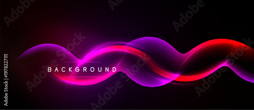 Abstract waves, vibrant colors, dark background. Modern design, smooth curves, glowing effect. Perfect backdrop for presentations, digital art.