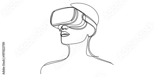A minimalist single line drawing of a person wearing a virtual reality headset on white background Vector, illustration