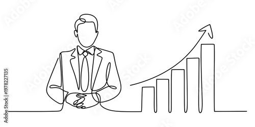 A single continuous line drawing of a professional businessman standing by a rising bar graph. Vector, illustration