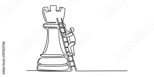 A single continuous line drawing of a person climbing a tall ladder to reach a large chess rook Vector, illustration