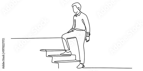 A continuous line drawing of a person walking up the stairs symbolizing growth and progress. Vector, illustration