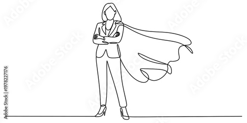 Continuous line drawing of a confident businesswoman wearing a superhero cape for success concept Vector, illustration