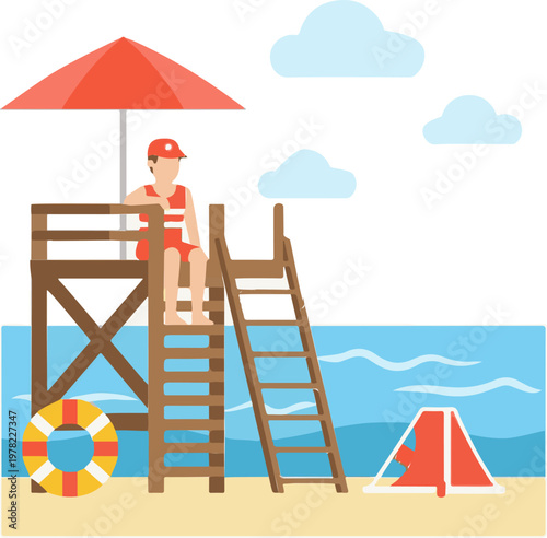 Professional lifeguard sitting on a high wooden chair observing the ocean beach for potential swimmers in danger