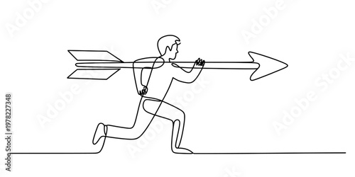 A continuous line drawing of a person running forward while carrying a large arrow on shoulder Vector, illustration