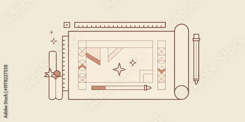 Minimalist illustration of drafting tools and geometric shapes on a beige background