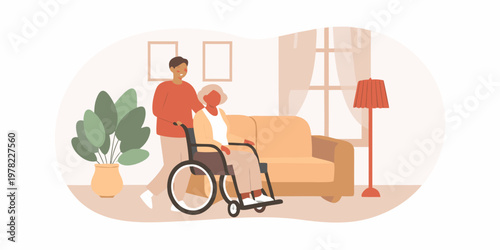 A young man assists an elderly woman in a wheelchair indoors