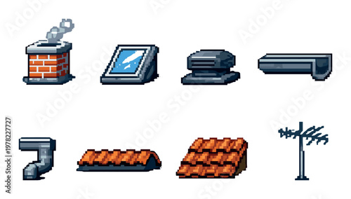 Roof accessory pixel icons including chimney skylight and vent