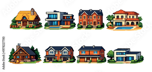 Variety of house styles displayed on green gradient background