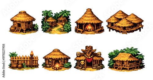 Thatched huts and tropical village buildings on gradient background