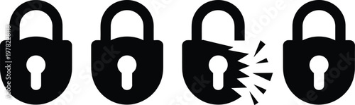 Padlock silhouette set, four black padlocks with one broken and cracking open symbolizing security breach vulnerability and access concepts.