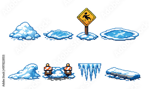 Snow and ice hazard icons showing piles, patches and icicles