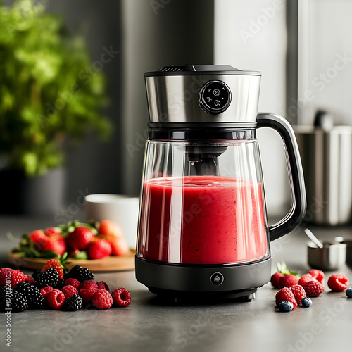 A blender filled with red juice and surrounded by fresh berries on a kitchen counter