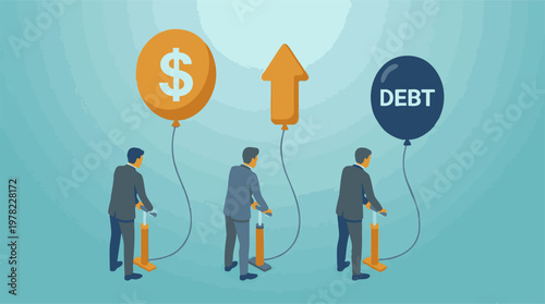 Businessmen inflating balloons representing money, growth, and financial debt