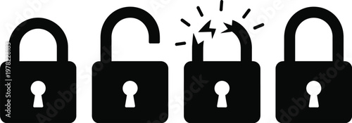 Padlock silhouette set, black vector illustration of four padlocks with one unlocking or breaking open representing security, protection, and risk scenarios.