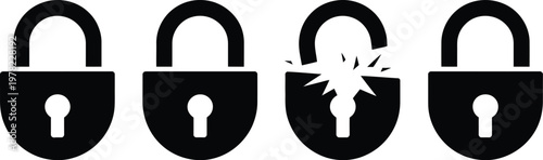 Padlocks, illustration, set of four locks with one broken and cracking open symbolizing security breach, protection risk and digital safety concept.