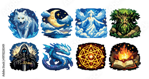 Fantasy elemental icons arranged in grid on dark gradient background