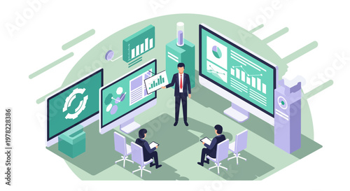 Isometric business presentation with data analysis and startup pitch