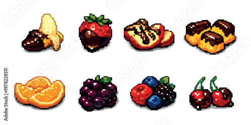 Assorted fresh fruits dipped in chocolate on neutral background