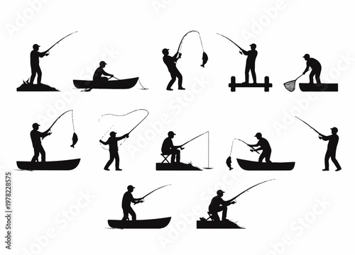 Fishing Activities Silhouette Set, Anglers Catching Fish Outdoor Vector Illustration