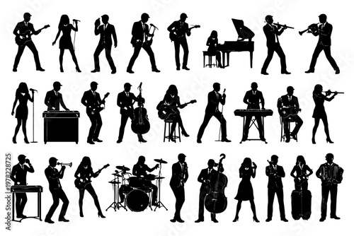 Silhouette of musicians playing various instruments in a band ensemble.