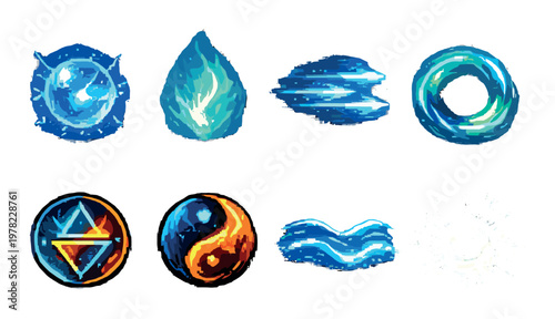 Glowing elemental orbs and symbols on dark gradient background