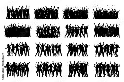 Silhouette dance party: diverse group celebration with energetic moves.