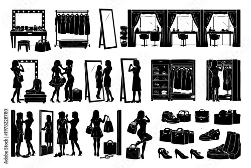 Silhouette of women shopping and trying on clothes in boutique setting.