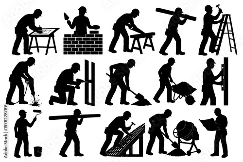 Silhouettes of construction workers engaged in various tasks with tools and equipment.
