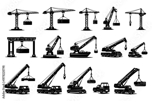 Collection of various industrial cranes lifting containers in black silhouette.