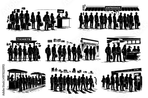 Silhouette city life: people queuing at tickets and entrance.