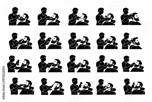 Cartoon illustrations of male haircut and shaving in barbershop sequence.